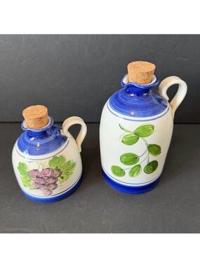 Oil and Vinegar Cruet Set Pourers Hand Painted Italian Ceramic Ivory Blue Green